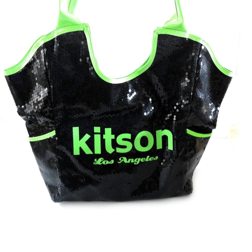Barely Used Kitson Los Angeles Black Sequin Tote With Neon Green Details
